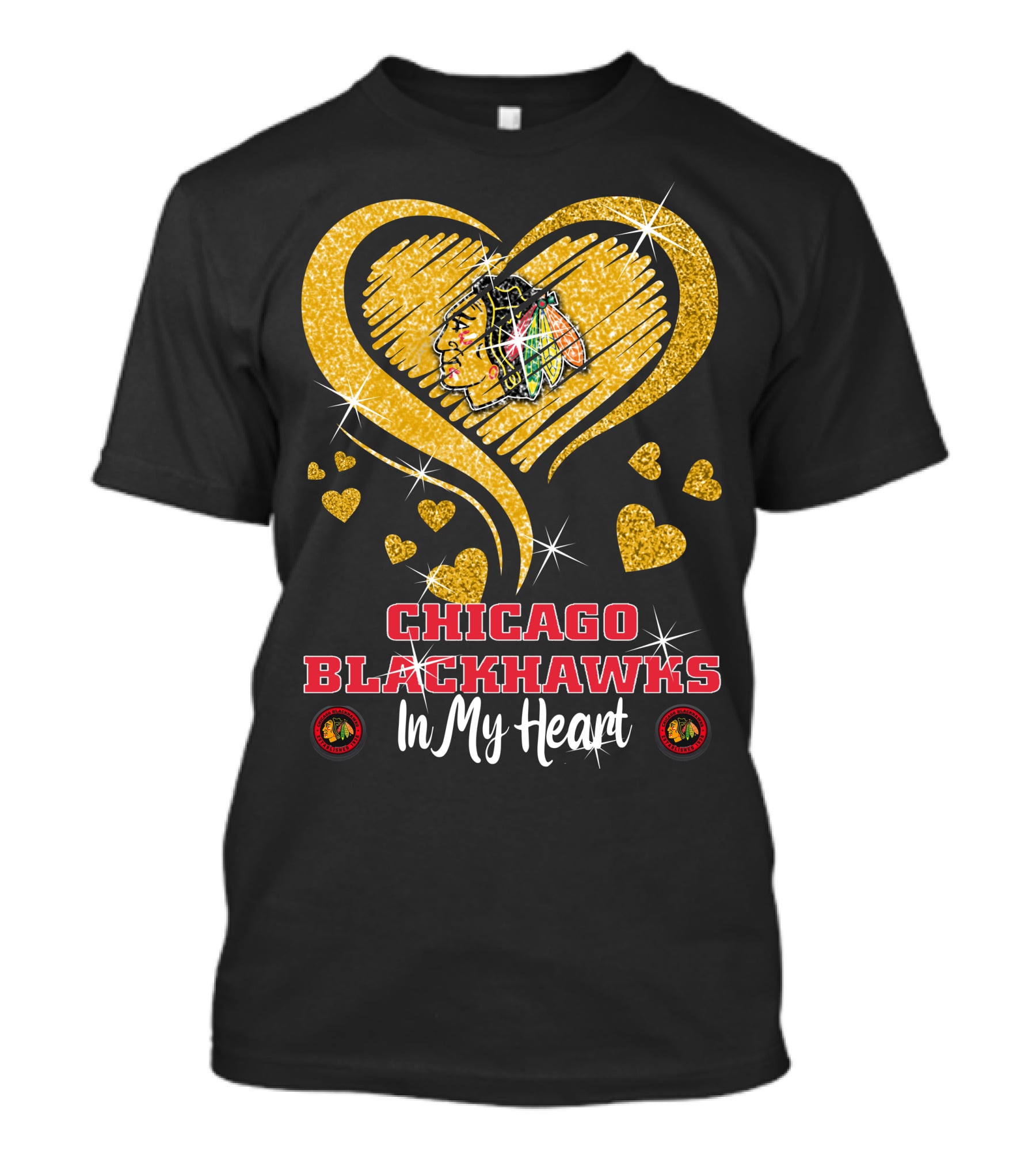 Chicago Blackhawks In My Heart Golden Glitter Logo Hearts T-Shirt