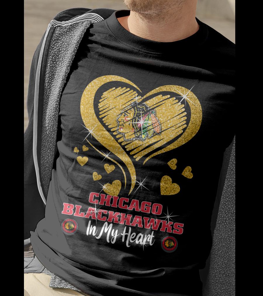 Chicago Blackhawks In My Heart Golden Glitter Logo Hearts T-Shirt