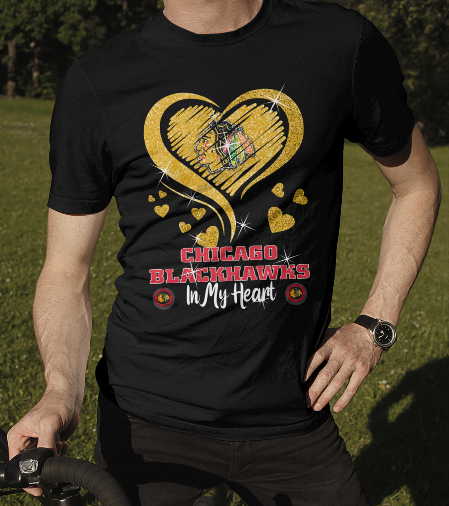 Chicago Blackhawks In My Heart Golden Glitter Logo Hearts T-Shirt