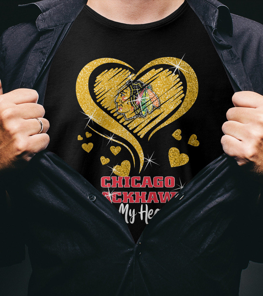 Chicago Blackhawks In My Heart Golden Glitter Logo Hearts T-Shirt