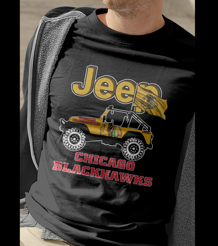 Jeep Chicago Blackhawks Off-Road Vehicle With Team Logo And Flag T-Shirt