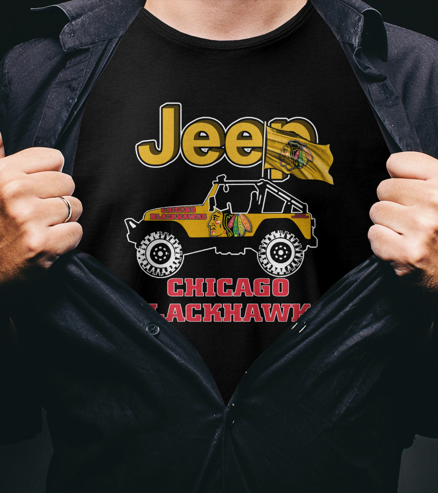 Jeep Chicago Blackhawks Off-Road Vehicle With Team Logo And Flag T-Shirt