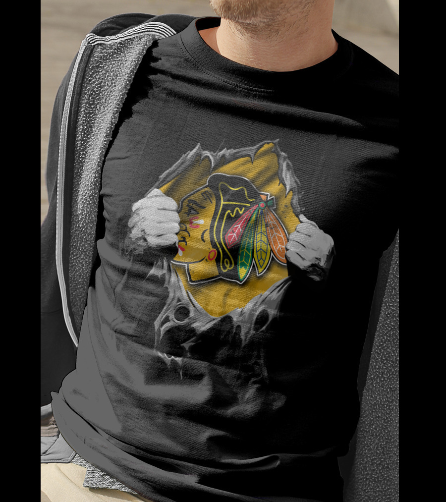 Torn Chicago Blackhawks Logo Peeking Through Ripped Fabric T-Shirt