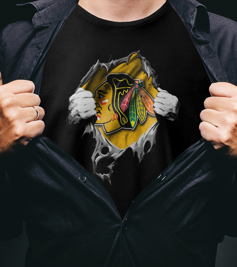 Torn Chicago Blackhawks Logo Peeking Through Ripped Fabric T-Shirt