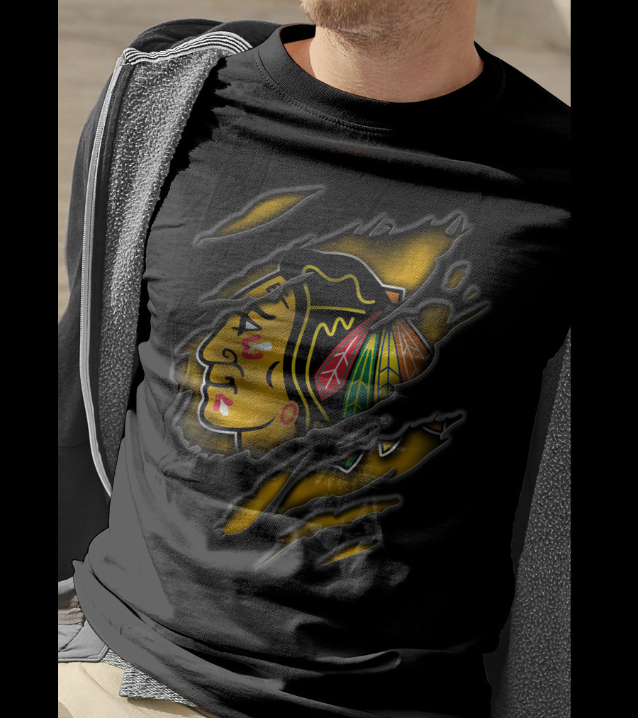 Torn Chicago Blackhawks Logo Claw Marks Yellow And Black T-Shirt