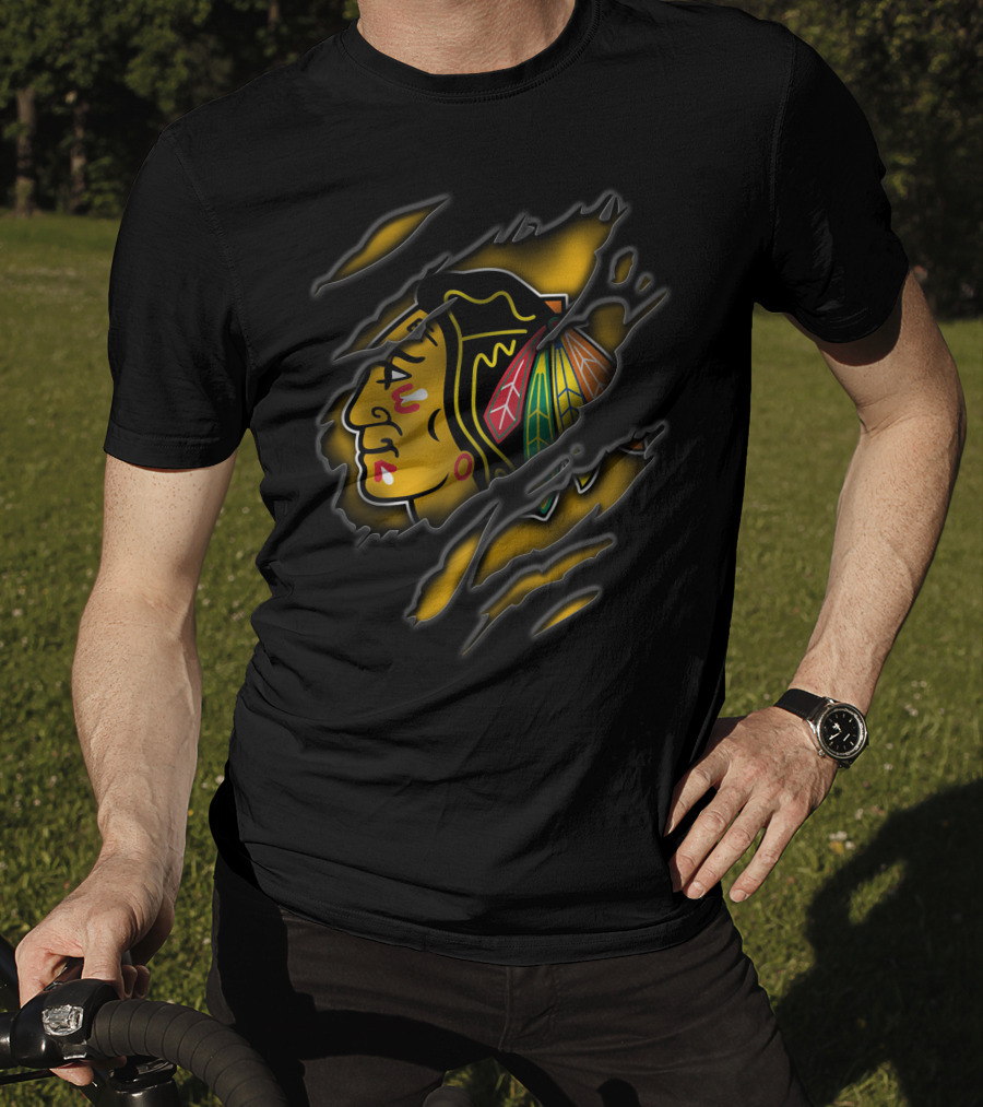 Torn Chicago Blackhawks Logo Claw Marks Yellow And Black T-Shirt