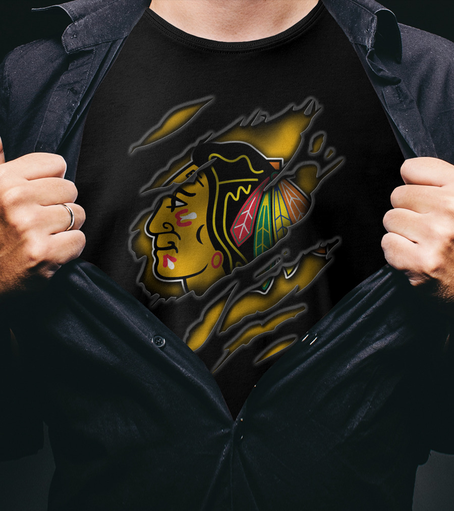 Torn Chicago Blackhawks Logo Claw Marks Yellow And Black T-Shirt