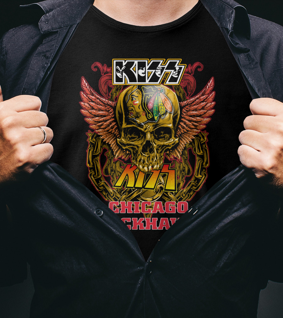 Kiss Chicago Blackhawks Skull With Wings And Chains T-Shirt