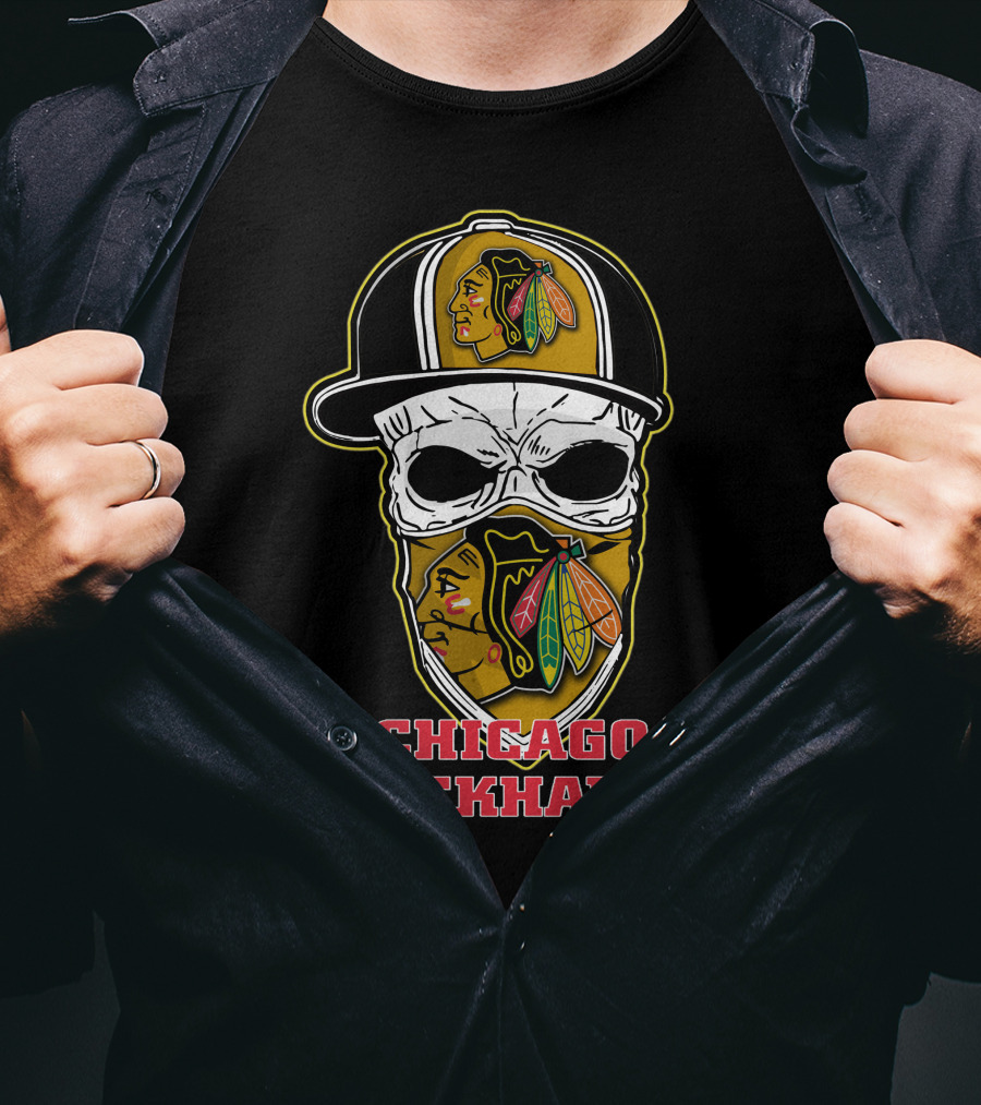 Chicago Blackhawks Skull Hat T-Shirt