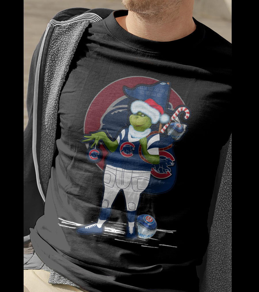 Grinchxmas Chicago Cubs Christmas Spirit With Santa Hat And Candy Cane T-Shirt