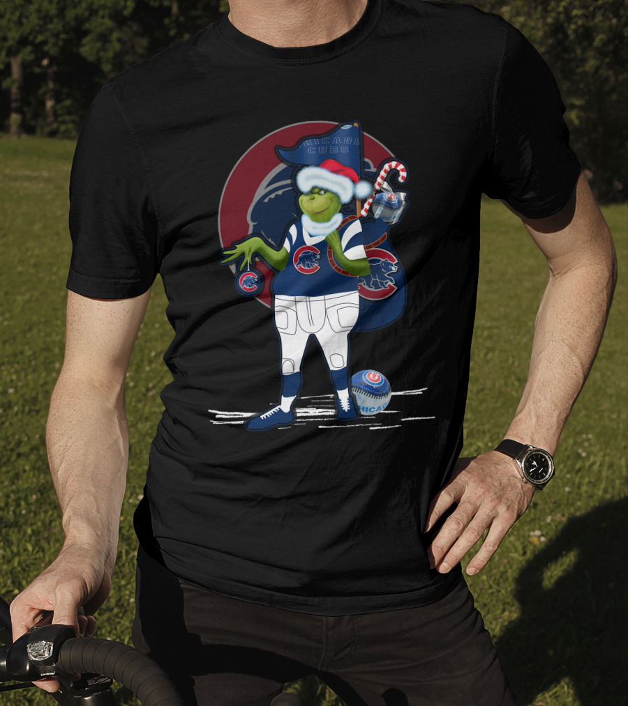 Grinchxmas Chicago Cubs Christmas Spirit With Santa Hat And Candy Cane T-Shirt