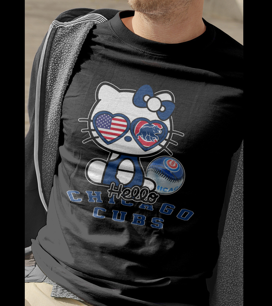 Hello Kitty Chicago Cubs American Flag Baseball T-Shirt