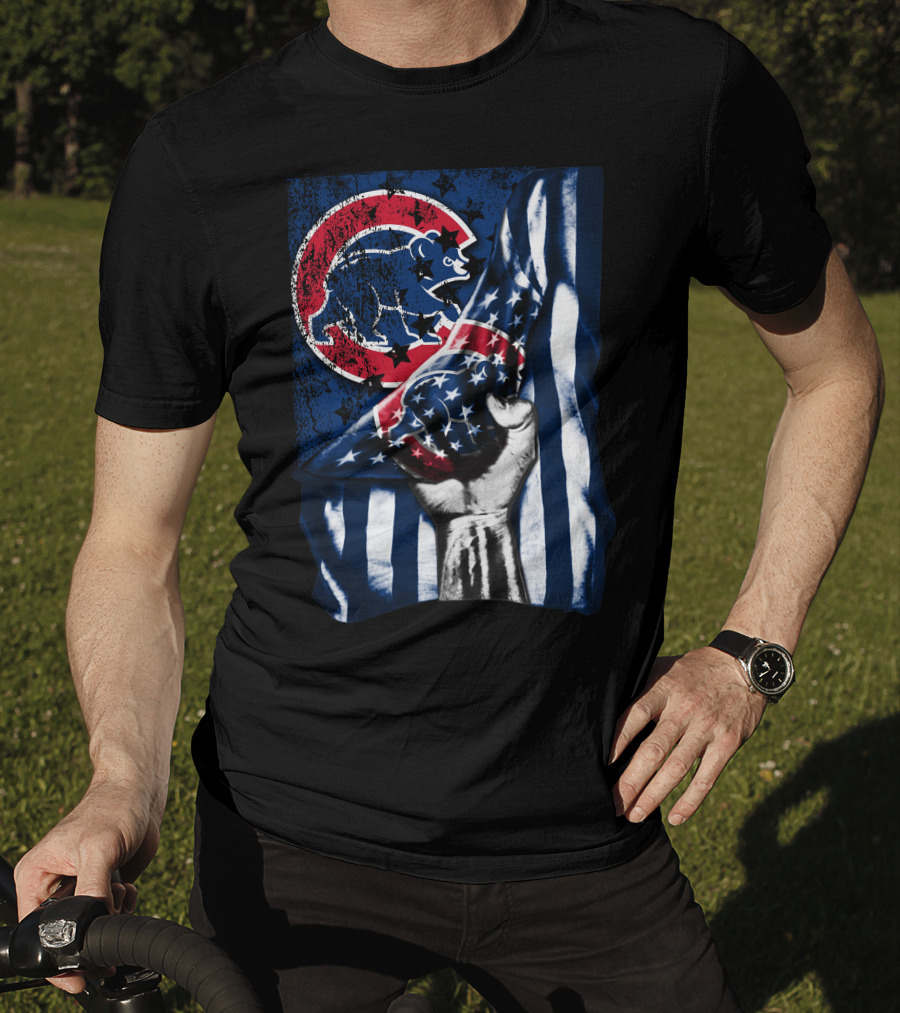 Chicago Cubs American Flag Blue Bear Emblem T-Shirt