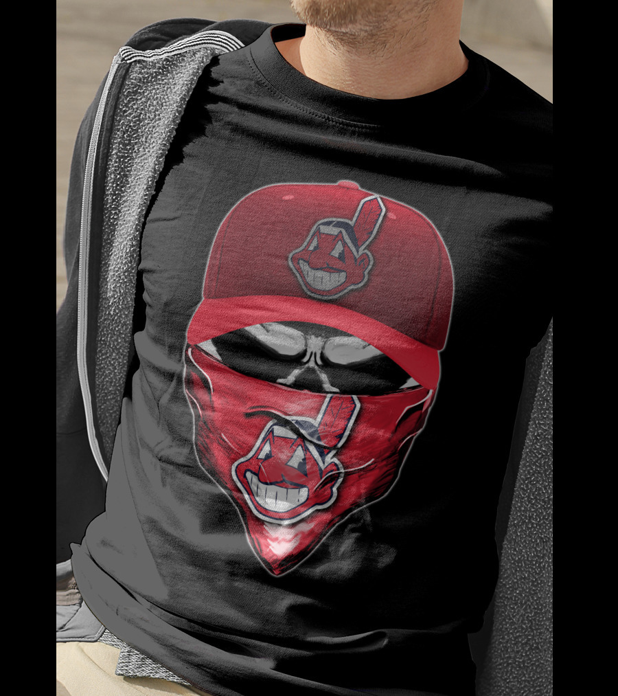 Cleveland Indians Chief Wahoo Skull Mask With Hat And Bandana T-Shirt