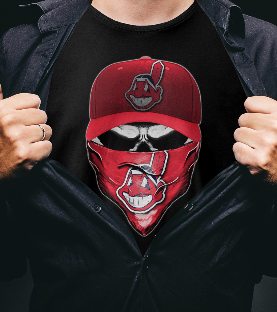 Cleveland Indians Chief Wahoo Skull Mask With Hat And Bandana T-Shirt