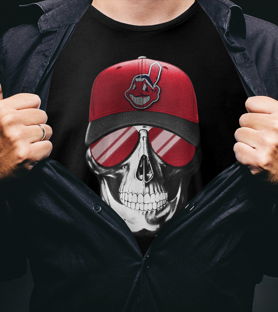 Skull With Cleveland Indians Cap And Sunglasses T-Shirt