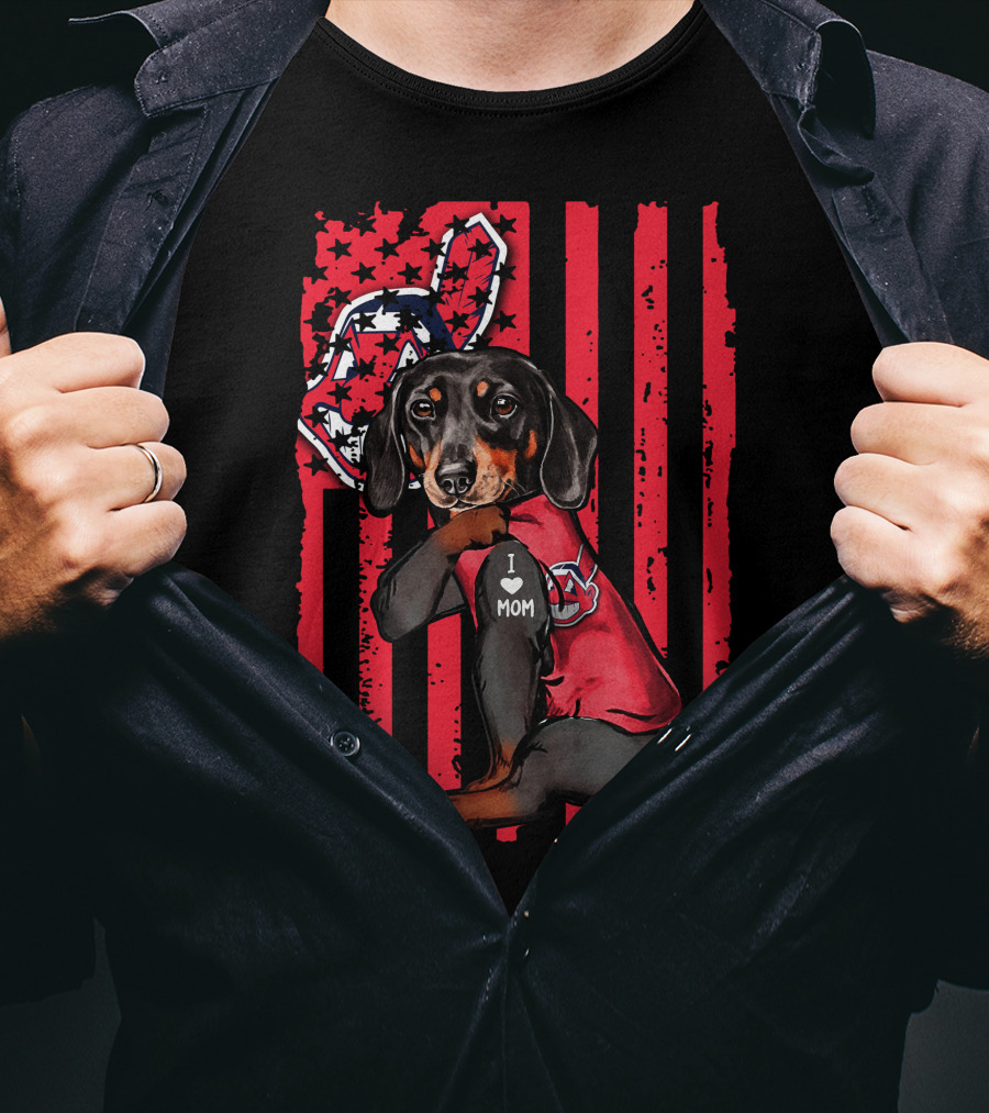 Dachshund With Baseball Team Logo And I Love Mom Patch On Red Stripes T-Shirt