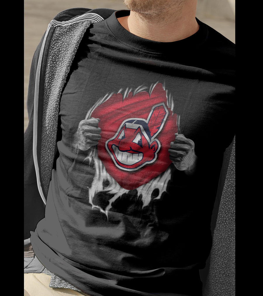 Torn Cleveland Indians Logo With Ripped Red Background And Hands T-Shirt