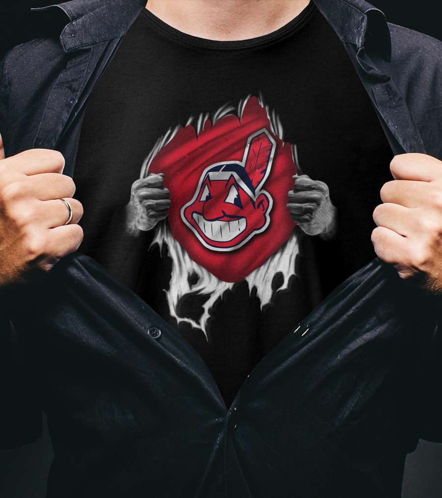 Torn Cleveland Indians Logo With Ripped Red Background And Hands T-Shirt