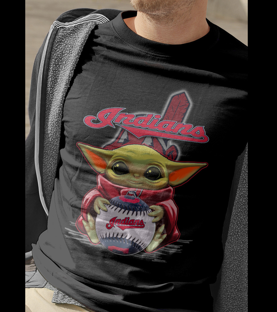 Indians Baby Yoda Holding Baseball With Feather Background T-Shirt
