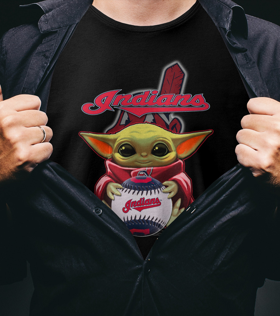 Indians Baby Yoda Holding Baseball With Feather Background T-Shirt