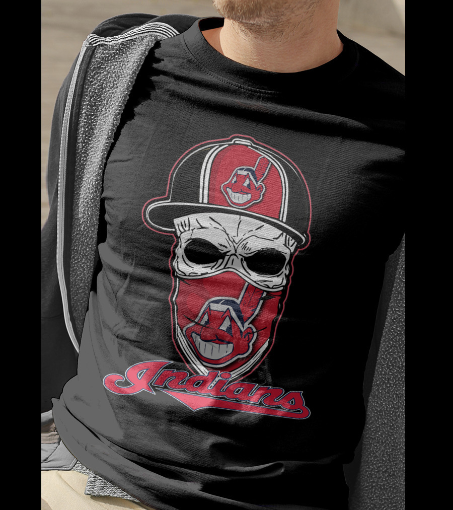 Cleveland Indians Skull Wearing Team Hat T-Shirt
