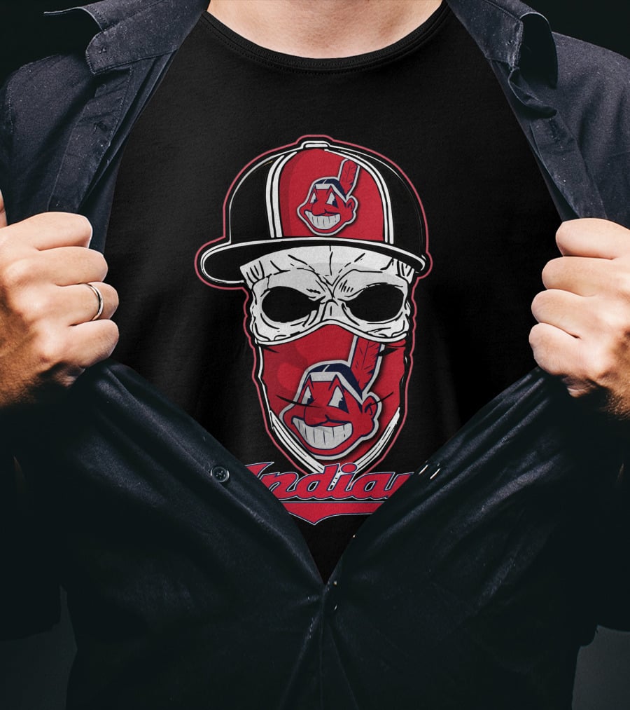 Cleveland Indians Skull Wearing Team Hat T-Shirt