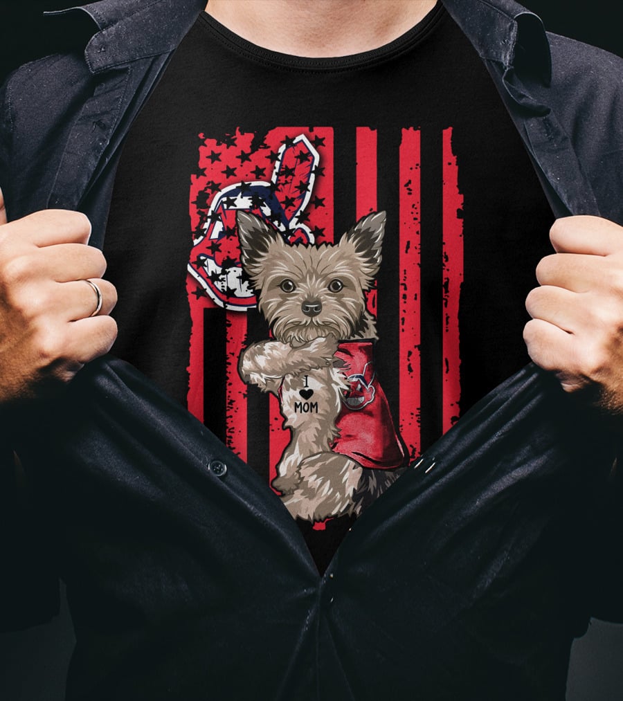 Yorkshire Terrier I Love Mom Cleveland Indians Patriotic Flag T-Shirt