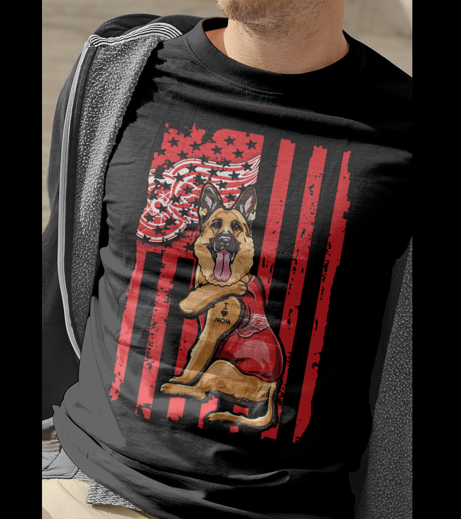 German Shepherd With Detroit Red Wings And I Love Mom Tattoo Flag Background T-Shirt