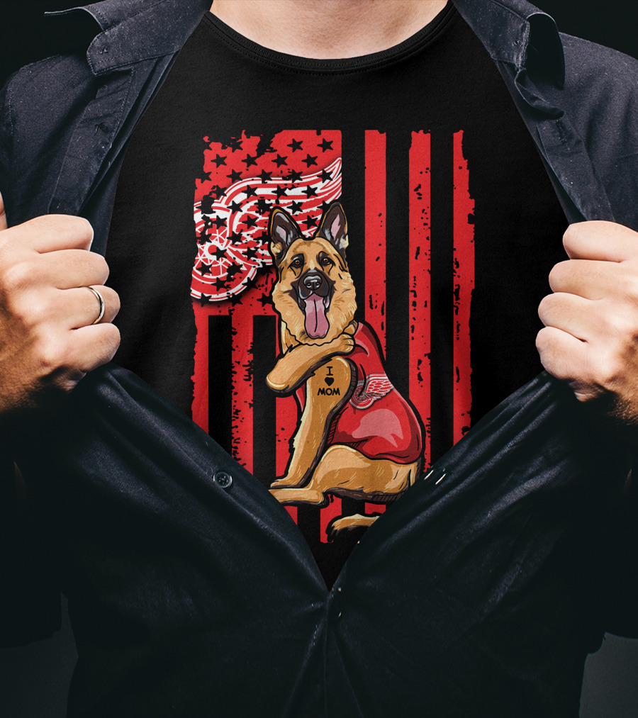 German Shepherd With Detroit Red Wings And I Love Mom Tattoo Flag Background T-Shirt