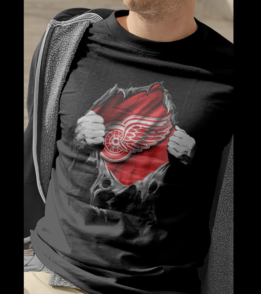 Detroit Red Wings Hockey Emblem Behind Ripped Fabric Peeking Out T-Shirt