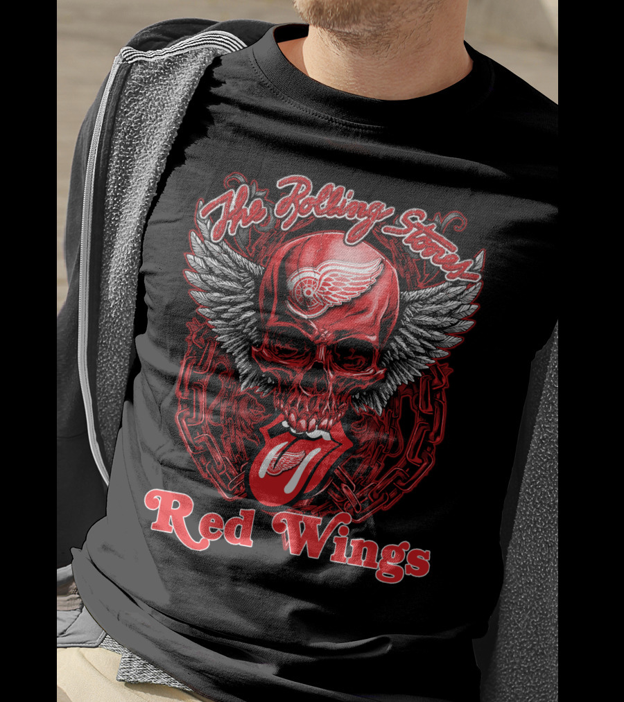 The Rolling Stones Skull With Detroit Red Wings Wings And Tongue T-Shirt