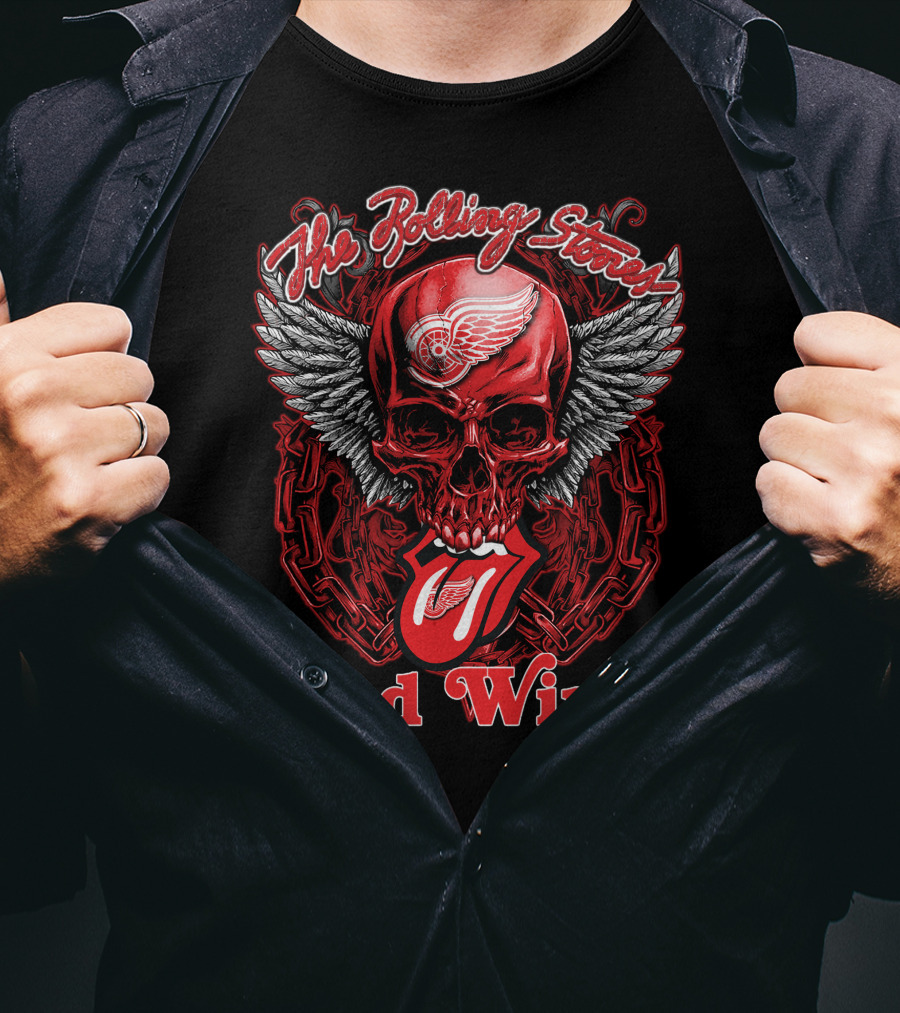 The Rolling Stones Skull With Detroit Red Wings Wings And Tongue T-Shirt