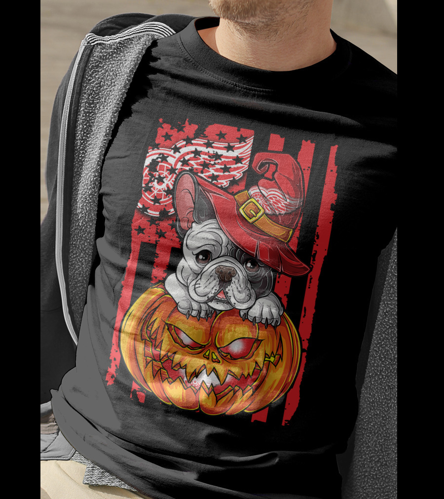 Hlw Bulldog Detroit Red Wings Witch Hat Pumpkin Halloween T-Shirt