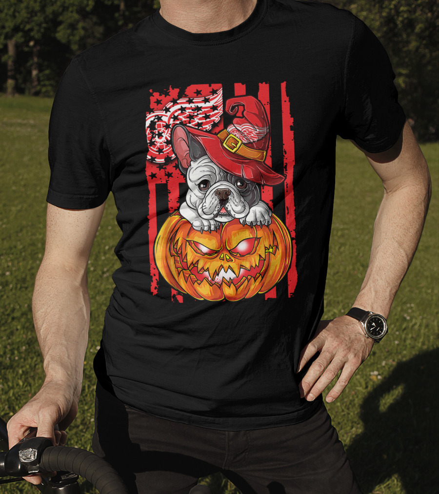 Hlw Bulldog Detroit Red Wings Witch Hat Pumpkin Halloween T-Shirt