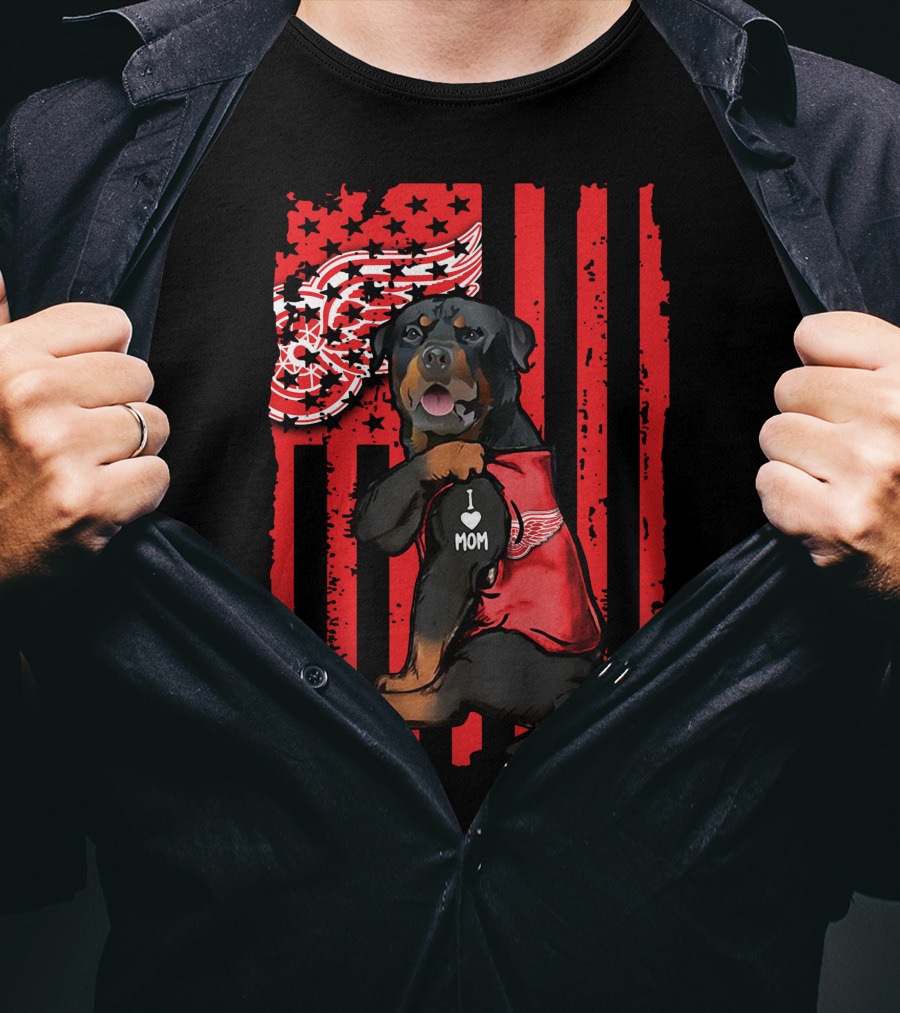 Rottweiler I Love Mom Detroit Red Wings American Flag T-Shirt