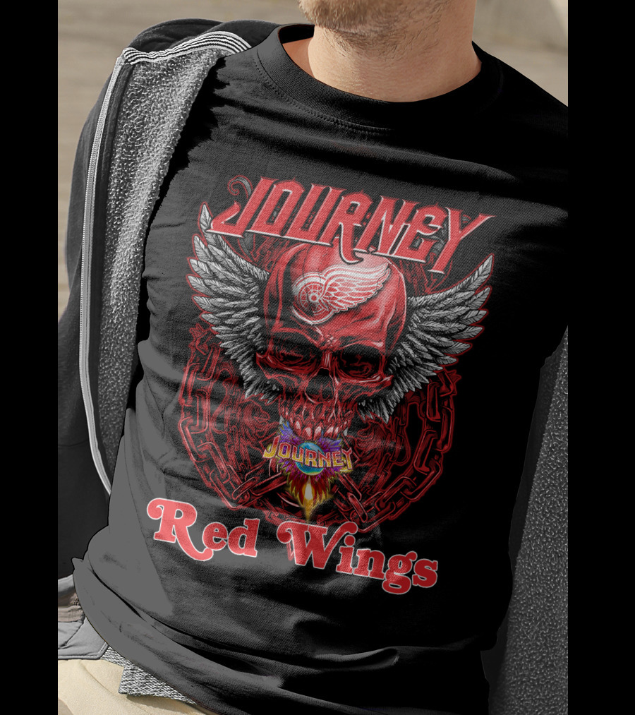 Journey Detroit Red Wings Skull Wings Flame Chain T-Shirt