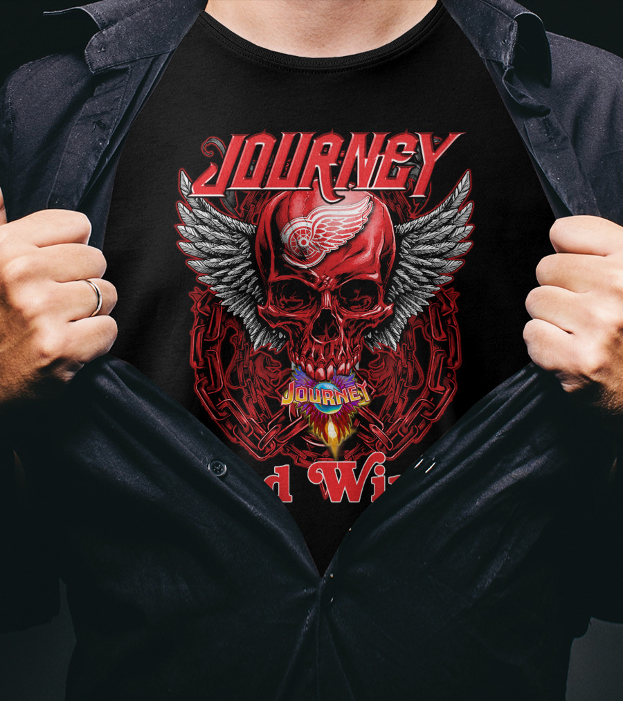 Journey Detroit Red Wings Skull Wings Flame Chain T-Shirt