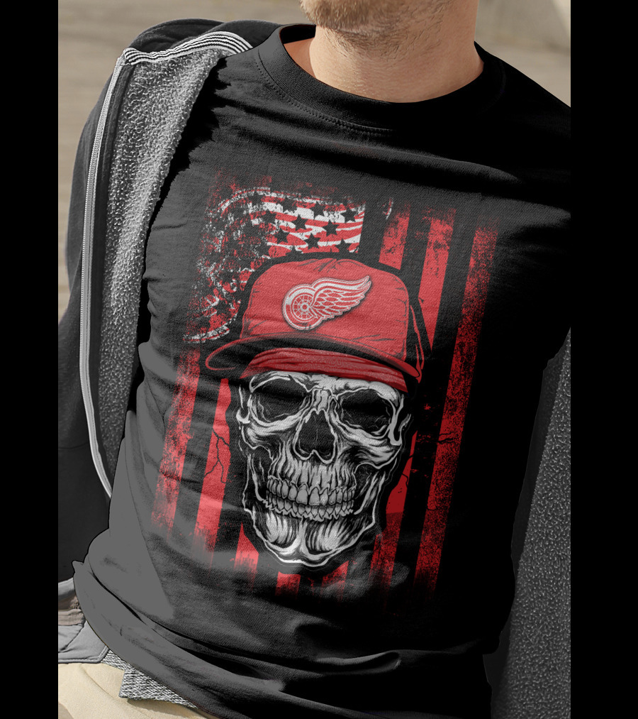 Skull Detroit Red Wings American Flag Hat T-Shirt