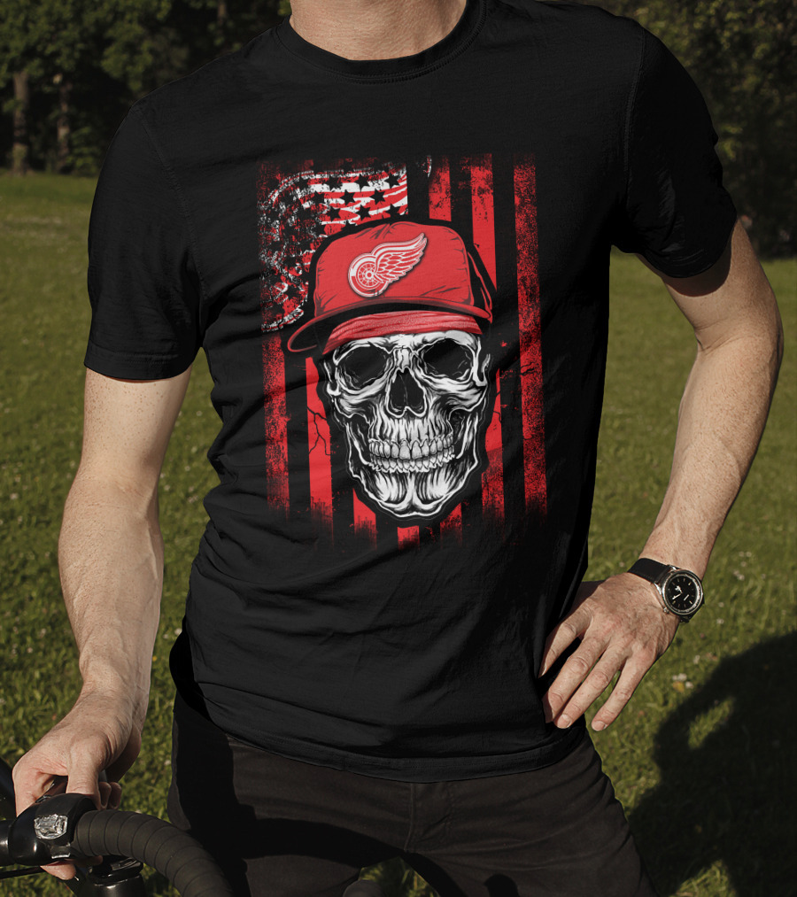 Skull Detroit Red Wings American Flag Hat T-Shirt