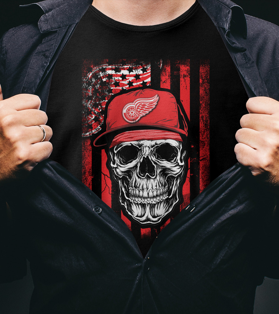 Skull Detroit Red Wings American Flag Hat T-Shirt
