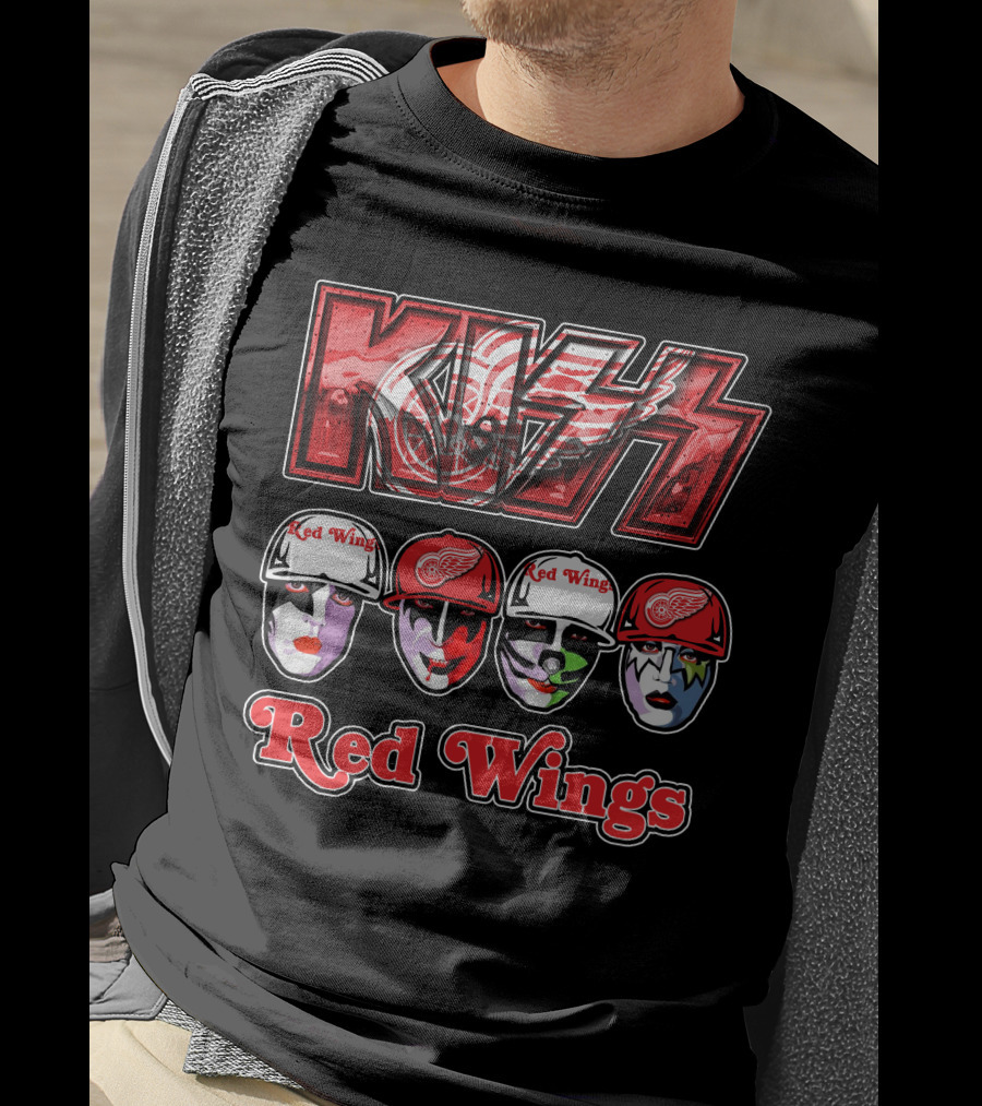 Kiss Detroit Red Wings Face Makeup Hockey Caps T-Shirt