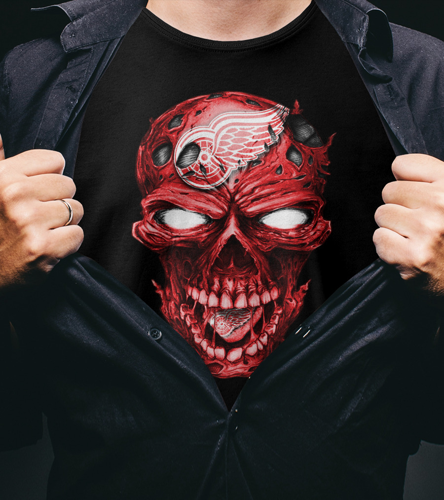 Detroit Red Wings Skull Helmet Hockey Emblem T-Shirt