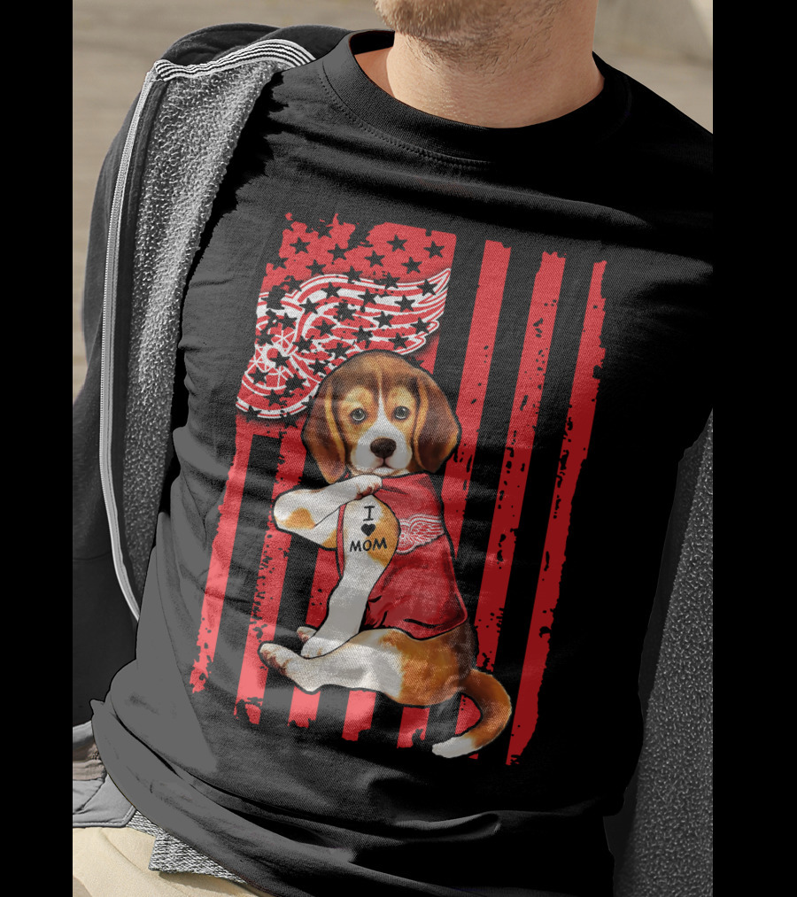 Beagle I Love Mom Detroit Red Wings Red Stripes T-Shirt