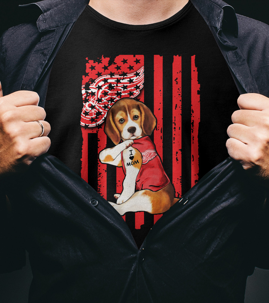 Beagle I Love Mom Detroit Red Wings Red Stripes T-Shirt