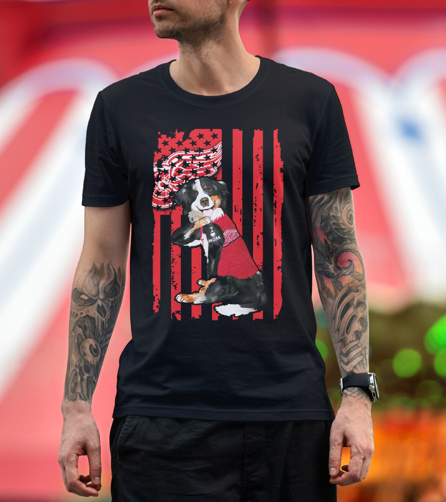 Border Collie I Love Mom Detroit Red Wings USA Flag T-Shirt