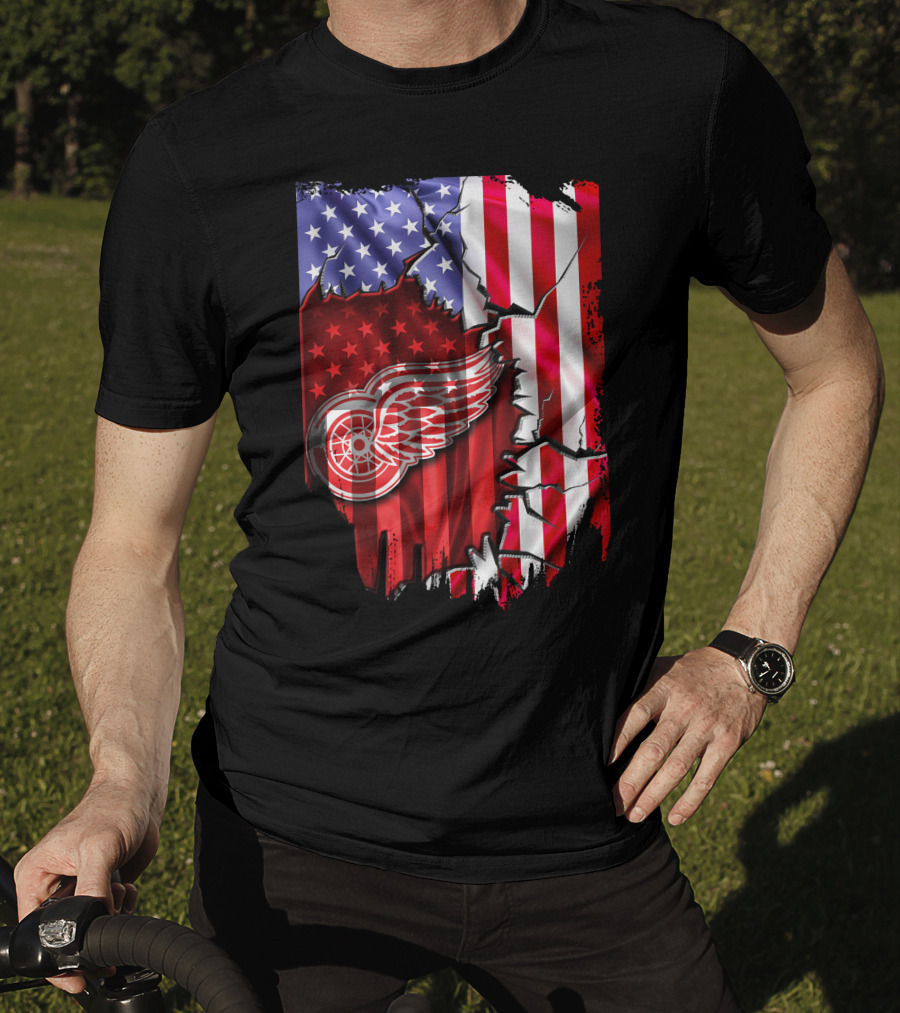 Flag Stars And Stripes Detroit Red Wings Winged Wheel T-Shirt