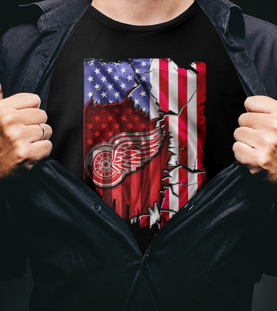 Flag Stars And Stripes Detroit Red Wings Winged Wheel T-Shirt