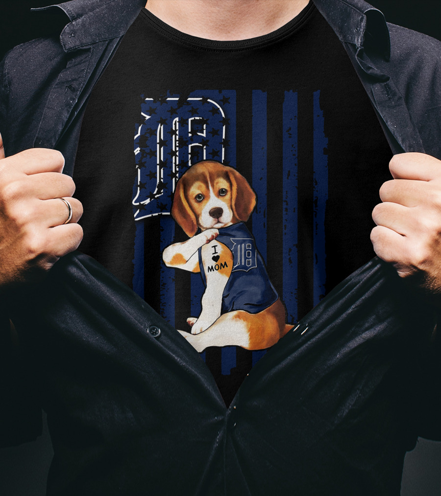 Beagle Puppy I Love Mom Detroit Tigers Stripes T-Shirt