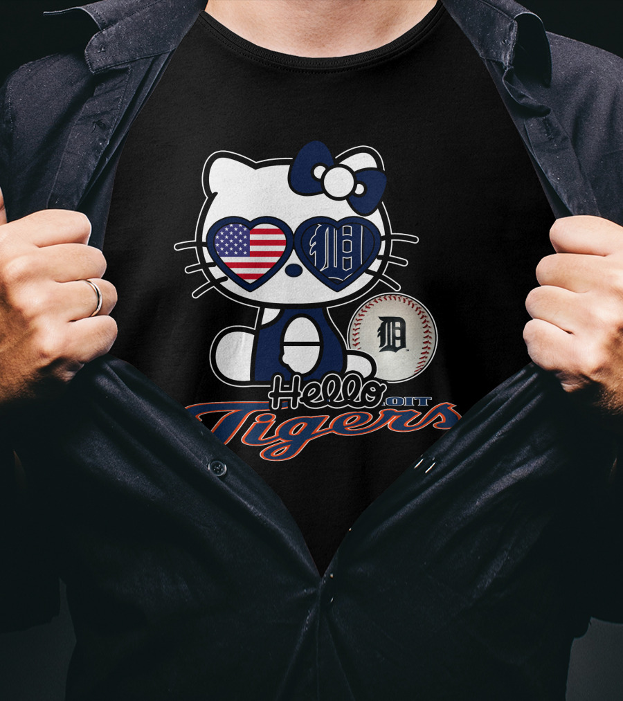Hello Kitty Detroit Tigers American Flag Baseball T-Shirt